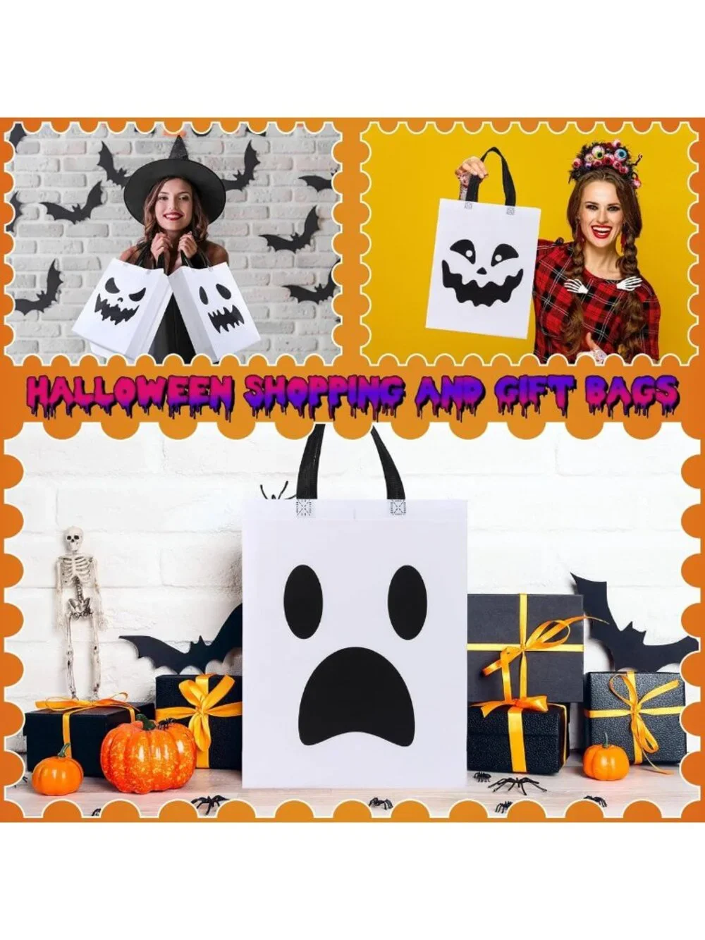 180 Pcs Large Halloween Tote Bags - Reusable Ghost Treat Bags for Candy